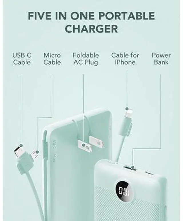 Alt view image 3 of 7 - VRURC Portable Charger Built-in Cables and AC Wall Plug, USB C Power Bank 10000mAh, Travel Battery Portable Phone Charger Compact Lightweight External Battery Pack for Smart Phones, Tablets etc-Green