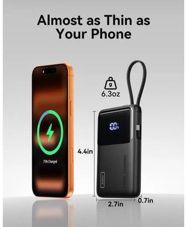 Alt view image 2 of 7 - 45W Power Bank Slimmest 10000mAh Portable Charger with Built in USB-C Cable Fast Charging USB C in&Out Battery Pack Travel External Phone Charger for iPhone 17 16 15 S24 S23 Google etc