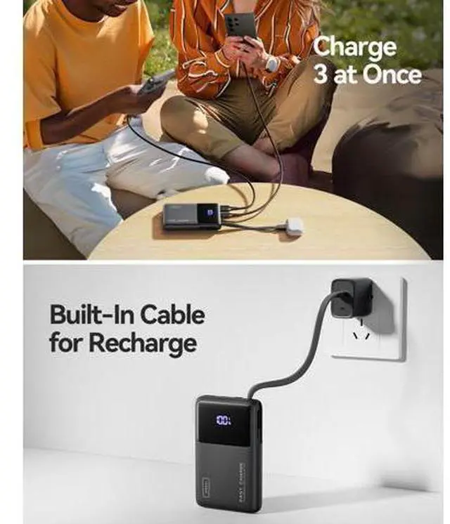 Alt view image 6 of 7 - 45W Power Bank Slimmest 10000mAh Portable Charger with Built in USB-C Cable Fast Charging USB C in&Out Battery Pack Travel External Phone Charger for iPhone 17 16 15 S24 S23 Google etc