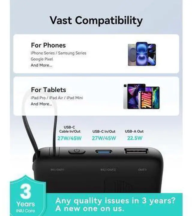 Alt view image 7 of 7 - 45W Power Bank Slimmest 10000mAh Portable Charger with Built in USB-C Cable Fast Charging USB C in&Out Battery Pack Travel External Phone Charger for iPhone 17 16 15 S24 S23 Google etc
