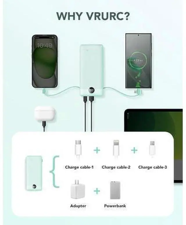 Alt view image 4 of 7 - VRURC Portable Charger Built-in Cables and AC Wall Plug, USB C Power Bank 10000mAh, Travel Battery Portable Phone Charger Compact Lightweight External Battery Pack for Smart Phones, Tablets etc-Green