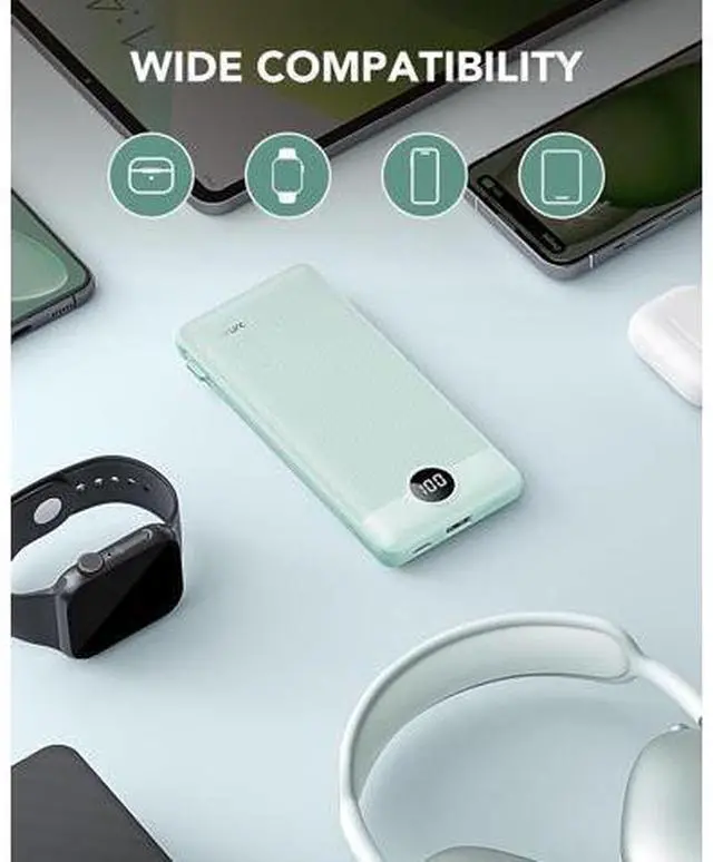 Alt view image 7 of 7 - VRURC Portable Charger Built-in Cables and AC Wall Plug, USB C Power Bank 10000mAh, Travel Battery Portable Phone Charger Compact Lightweight External Battery Pack for Smart Phones, Tablets etc-Green