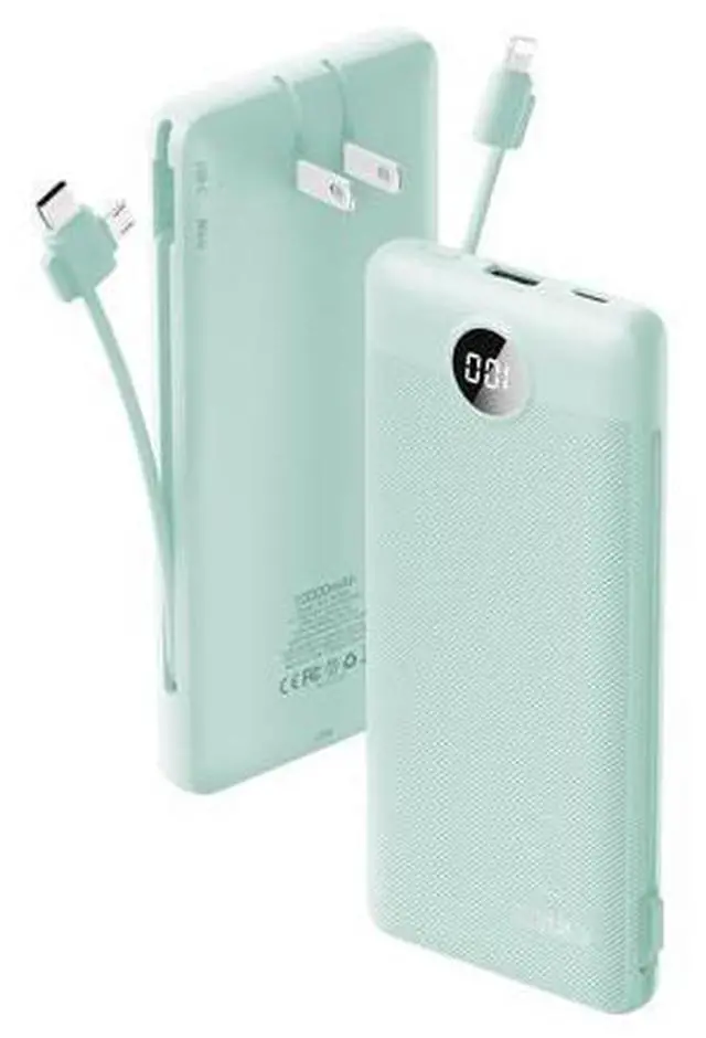 Main image of VRURC Portable Charger Built-in Cables and AC Wall Plug, USB C Power Bank 10000mAh, Travel Battery Portable Phone Charger Compact Lightweight External Battery Pack for Smart Phones, Tablets etc-Green