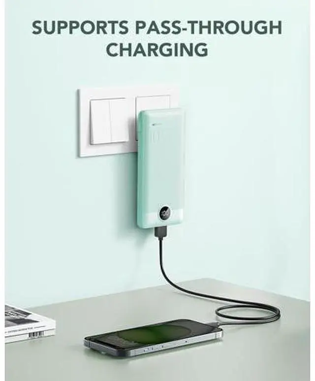 Alt view image 2 of 7 - VRURC Portable Charger Built-in Cables and AC Wall Plug, USB C Power Bank 10000mAh, Travel Battery Portable Phone Charger Compact Lightweight External Battery Pack for Smart Phones, Tablets etc-Green