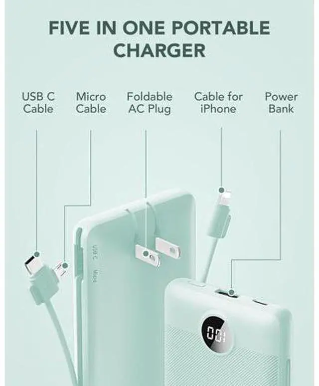 Alt view image 3 of 7 - VRURC Portable Charger Built-in Cables and AC Wall Plug, USB C Power Bank 10000mAh, Travel Battery Portable Phone Charger Compact Lightweight External Battery Pack for Smart Phones, Tablets etc-Green