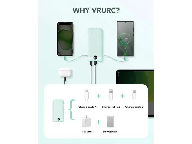 Alt view image 4 of 7 - VRURC Portable Charger Built-in Cables and AC Wall Plug, USB C Power Bank 10000mAh, Travel Battery Portable Phone Charger Compact Lightweight External Battery Pack for Smart Phones, Tablets etc-Green