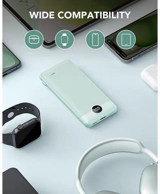 Alt view image 7 of 7 - VRURC Portable Charger Built-in Cables and AC Wall Plug, USB C Power Bank 10000mAh, Travel Battery Portable Phone Charger Compact Lightweight External Battery Pack for Smart Phones, Tablets etc-Green