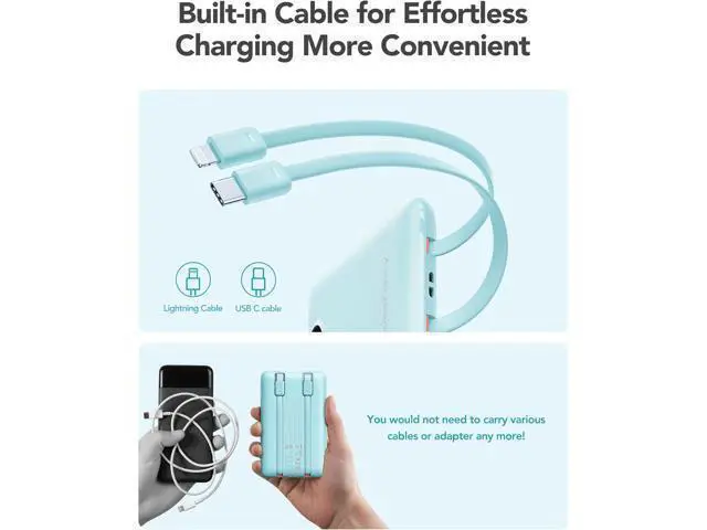 Alt view image 4 of 7 - Mini Portable Charger with Built-in Cables 22.5W Fast Charging Power Bank USB-C Small Battery Pack 10000mAh Travel Essential Slim Battery for iPhone 17/16/15/14 25/24 and More