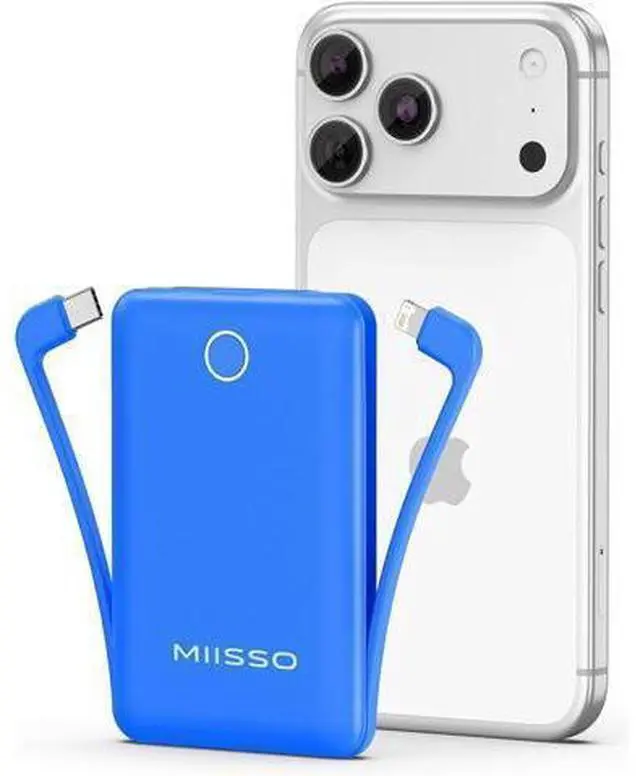Main image of 10000mAh Mini Portable Charger with Built in Cable Pocket Size Power Bank Travel External Battery Pack for Phone 3 Output USB Type C Cord Clutch Compatible with iPhone Deepblue