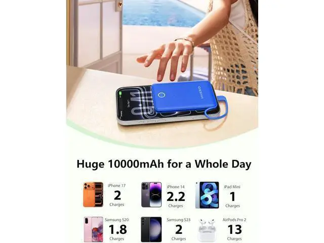 Alt view image 3 of 7 - 10000mAh Mini Portable Charger with Built in Cable Pocket Size Power Bank Travel External Battery Pack for Phone 3 Output USB Type C Cord Clutch Compatible with iPhone Deepblue