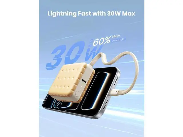 Alt view image 4 of 7 - for 30W-Fast-Charging Portable Charger Power-Bank 10000mAh Battery Pack with Built in USB-C Cables Small Compact Travel Cell Phone Power Bank for iPhone 17/16 Series - Beige