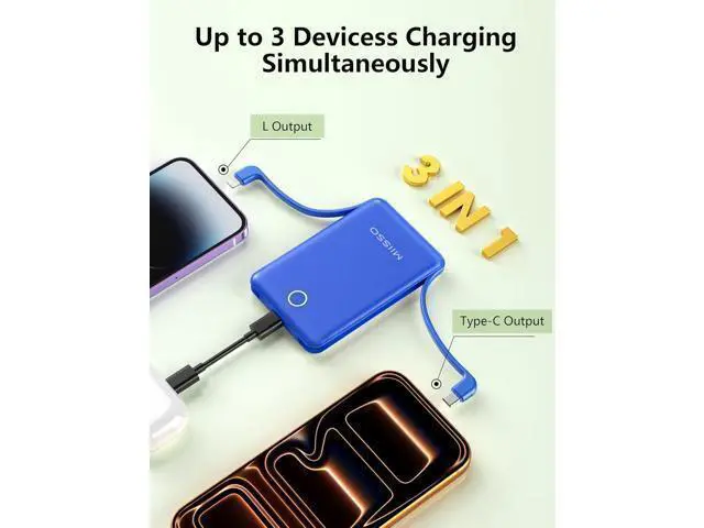 Alt view image 5 of 7 - 10000mAh Mini Portable Charger with Built in Cable Pocket Size Power Bank Travel External Battery Pack for Phone 3 Output USB Type C Cord Clutch Compatible with iPhone Deepblue