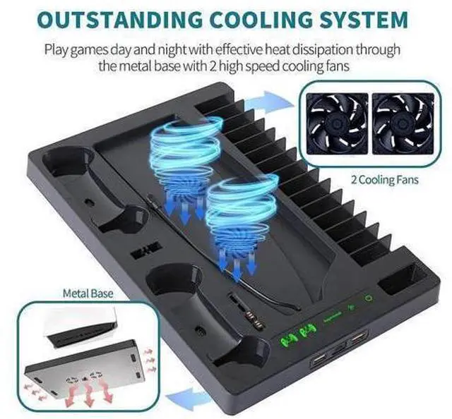 Alt view image 2 of 7 - Vertical Stand with Cooling Fan for PS5 Console and PS5 Digital Edition, PS5 Dualsense Charging Station, Charging Station Dock with Dual Controller Charger Ports and Retractable Game Storage for PS5
