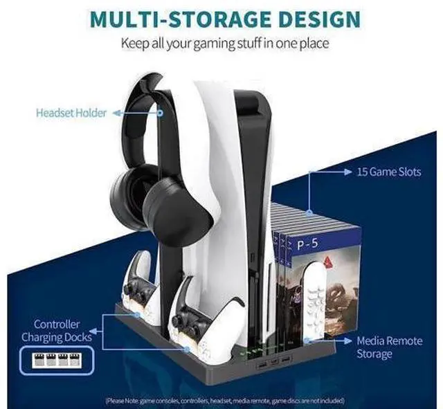 Alt view image 5 of 7 - Vertical Stand with Cooling Fan for PS5 Console and PS5 Digital Edition, PS5 Dualsense Charging Station, Charging Station Dock with Dual Controller Charger Ports and Retractable Game Storage for PS5