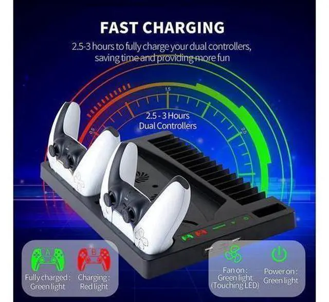 Alt view image 3 of 7 - Vertical Stand with Cooling Fan for PS5 Console and PS5 Digital Edition, PS5 Dualsense Charging Station, Charging Station Dock with Dual Controller Charger Ports and Retractable Game Storage for PS5