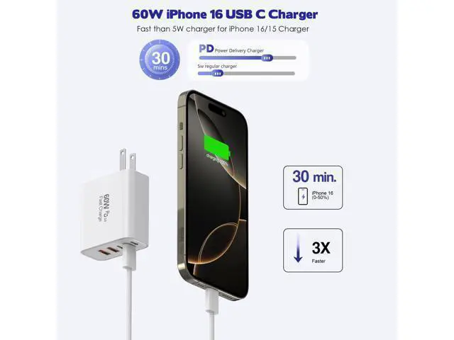 Alt view image 2 of 7 - iPhone 17/16 Fast Charger Block 2 Pack 60W USB Charging Block 5-Port Charge Adapter for iPhone Charger with 6FT USB C Woven Fast Charging Cable for iPhone17/16e/16Pro/15ProMax iPad Pro/Air/Mini