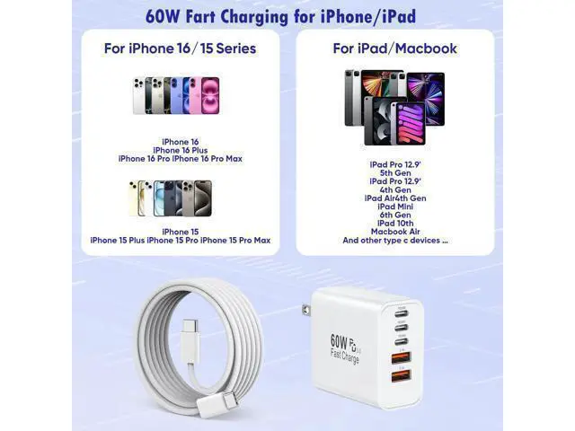 Alt view image 3 of 7 - iPhone 17/16 Fast Charger Block 2 Pack 60W USB Charging Block 5-Port Charge Adapter for iPhone Charger with 6FT USB C Woven Fast Charging Cable for iPhone17/16e/16Pro/15ProMax iPad Pro/Air/Mini