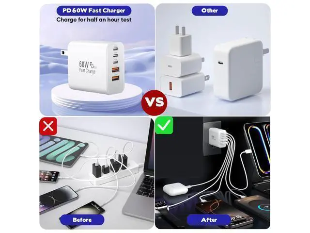 Alt view image 6 of 7 - iPhone 17/16 Fast Charger Block 2 Pack 60W USB Charging Block 5-Port Charge Adapter for iPhone Charger with 6FT USB C Woven Fast Charging Cable for iPhone17/16e/16Pro/15ProMax iPad Pro/Air/Mini