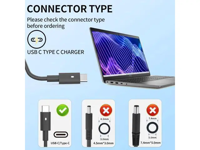 Alt view image 3 of 7 - 90W USB C Laptop Charger Fit for XPS 13 9365 9360 9370 XPS 15 9500 Latitude 5420 5520 5540 7389 7390 5289 5300 2in1 DA90PM170 LA90PM170 Fast Charger Type C AC Adapter Power Cord