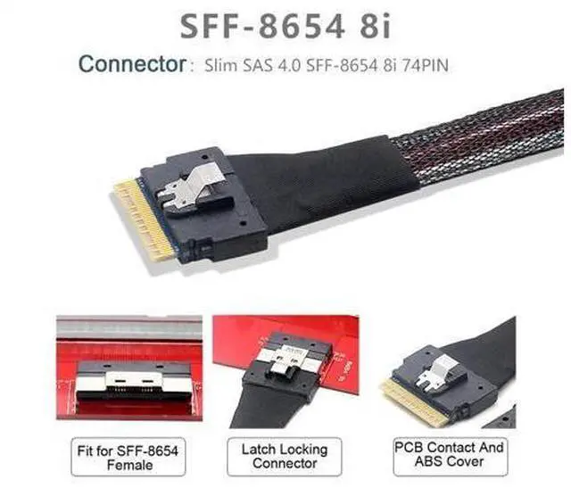 Alt view image 3 of 7 - PCI-E Slimline SAS 4.0 SFF-8654 8i 74pin Host to SFF-8654 74Pin Slim SAS Target Cable 50cm
