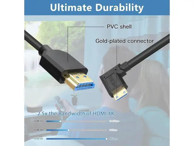 Alt view image 6 of 6 - Coiled HDMI Cable Right Angled 8K 48Gbps HDMI 2.1 Mini HDMI to HDMI Male Telescopic Cable High Speed (Left Angle)