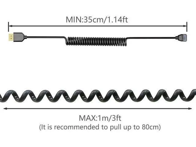Alt view image 3 of 6 - Coiled HDMI Cable Right Angled 8K 48Gbps HDMI 2.1 Mini HDMI to HDMI Male Telescopic Cable High Speed (Up Angle)