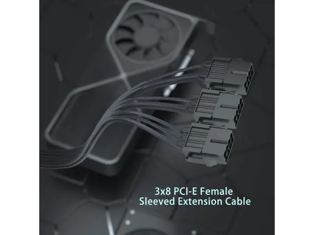Alt view image 5 of 7 - PCI-e 5.0 16-Pin (12+4) to 3x8 PCI-E Sleeved Extension Cable, 12VHPWR 16AWG PSU Extension Cable for GPU 3090Ti & RTX 4080 4090
