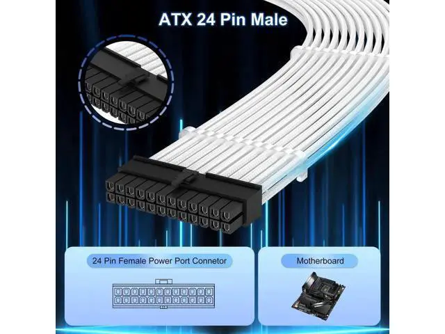 Alt view image 7 of 7 - ATX 24 Pin Power Supply Sleeved Cable, 11.8 inch 24 Pin Male to Female Braided Extension Cord with 3 Cable Combs for ATX Motherboard, White