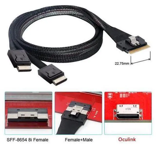 Alt view image 5 of 7 - PCI-E Ultraport Slimline SAS Slim 4.0 SFF-8654 8i 74pin to Dual Oculink SFF-8611 Cable 50cm PCI-Express