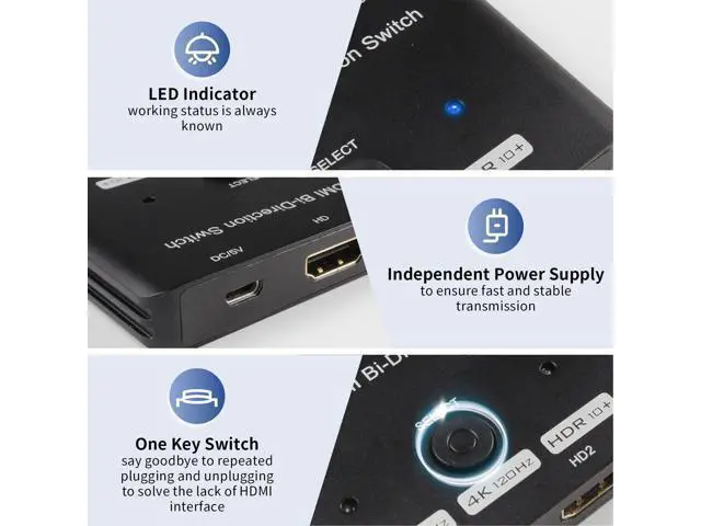 Alt view image 4 of 6 - Upgraded HDMI 2.1 Switch 4K@120Hz, Bidirectional 48Gbps HDMI Switcher with 2in 1out or 1in 2out Supports 8K@60Hz 4K@120Hz 2K@144Hz & Fits for Xbox PS5/4 HDMI Projectors TV