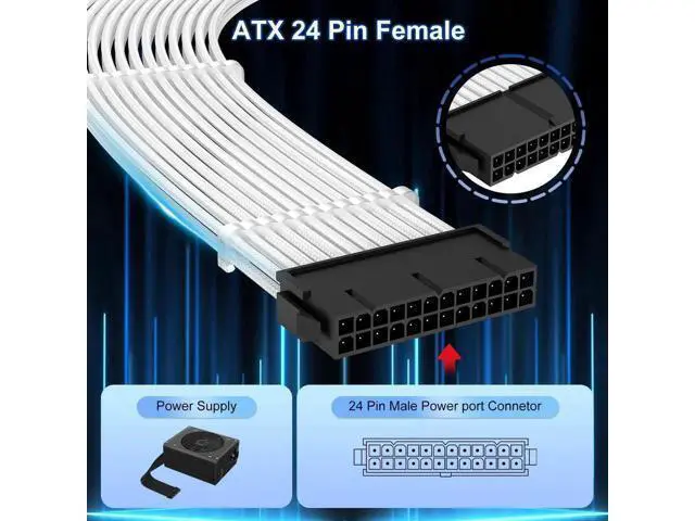 Alt view image 4 of 7 - ATX 24 Pin Power Supply Sleeved Cable, 11.8 inch 24 Pin Male to Female Braided Extension Cord with 3 Cable Combs for ATX Motherboard, White