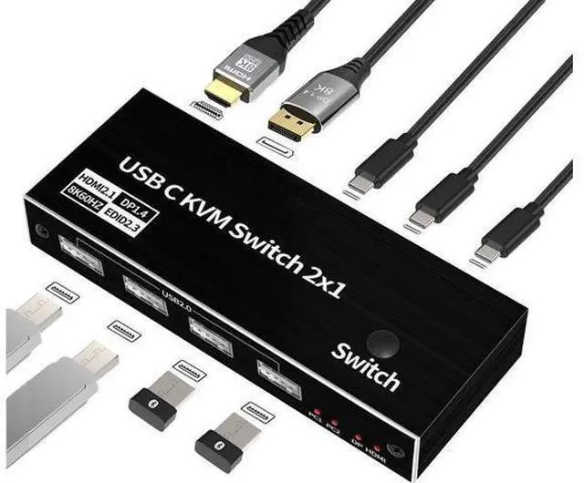 Main image of 2x1 USB C KVM Switch 8K@60Hz 4K@120Hz, 2 Port Type C KVM Switch for 2 Computers Share 1 Monitor (HDMI or DP Output), USB C KCM with 4 USB 2.0 Ports, 2 USB-C Cables Included