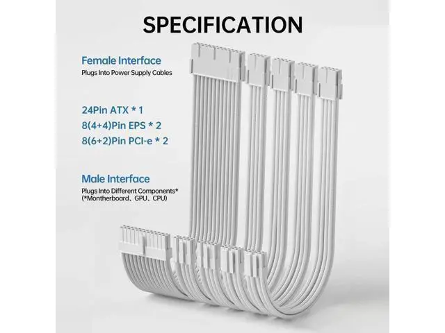 Alt view image 4 of 4 - PSU Cable Extension Kit 30CM Length with Cable Combs 1x24Pin/2x8Pin(4+4) EPS/2x8Pin(6P+2P) PCI-E/PC Sleeved Cable for ATX Power Supply (White)