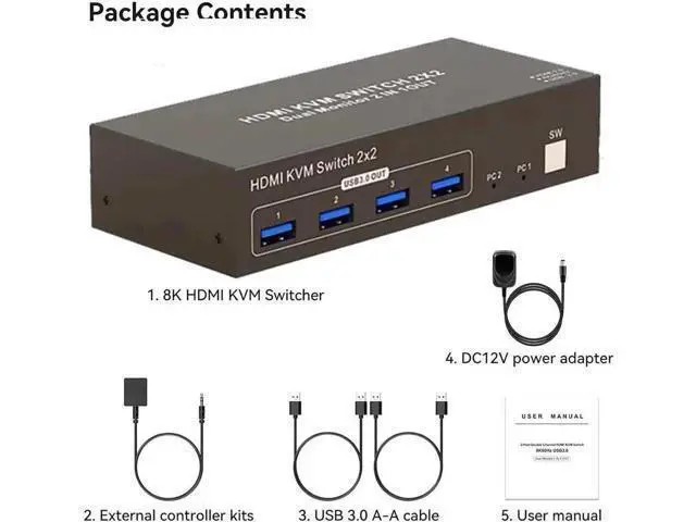 Alt view image 5 of 7 - 4K Dual Monitor HDMI KVM Switch 2 Monitors 2 Computers 4K@60Hz, USB 3.0 2x2 HDMI KVM Switcher PC Extended Display for 2 PC Share 4 USB 3.0 Devices, Desktop Controller & 2 USB Cables Included