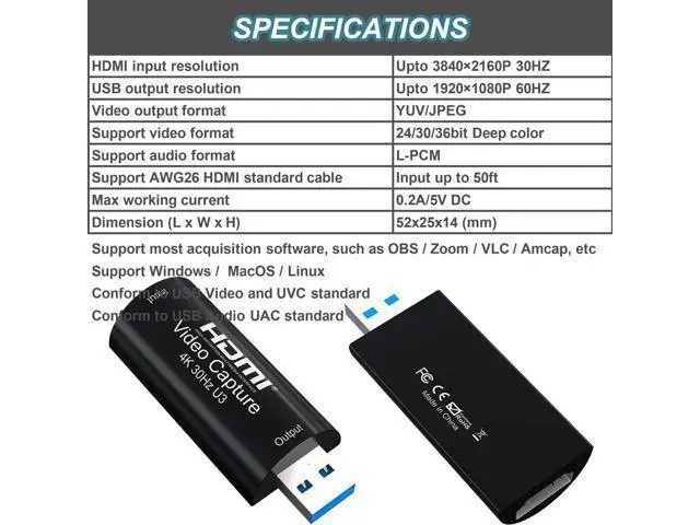 Alt view image 2 of 7 - 4K HDMI to USB 3.0 Video Capture Card 1080P 60FPS Cam Link Card Game Capture Card Adapter Screen Record Capture Device for Streaming, Gaming, Video Conference, Teaching, Live Broadcasting
