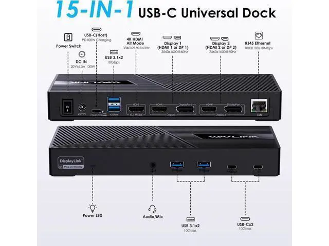Alt view image 2 of 7 - Wavlink USB C Triple Monitor Docking station With 100W Laptop Charging, 10Gbps USB for Thunderbolt 3/4, Mac M1/M2/M3, USB4, Windows (3 HDMI, 2 DisplayPort, 2 USB-C, 4 USB3.1, Ethernet, Audio&Mic)