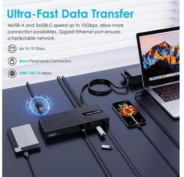 Alt view image 5 of 7 - Wavlink USB C Triple Monitor Docking station With 100W Laptop Charging, 10Gbps USB for Thunderbolt 3/4, Mac M1/M2/M3, USB4, Windows (3 HDMI, 2 DisplayPort, 2 USB-C, 4 USB3.1, Ethernet, Audio&Mic)