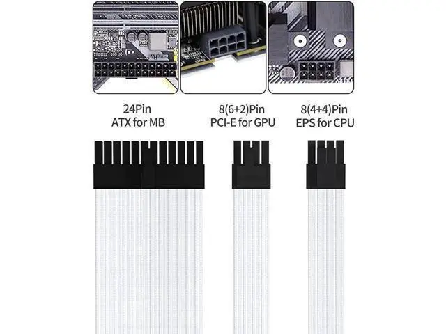 Alt view image 5 of 6 - Power Supply Sleeved Cable, Extension PC Kit, 18AWG 24Pin ATX / 8 (4+4) Pin EPS / 8 (6+2) Pin PCI-E Power Supply PSU Cable with Combs, 30CM White