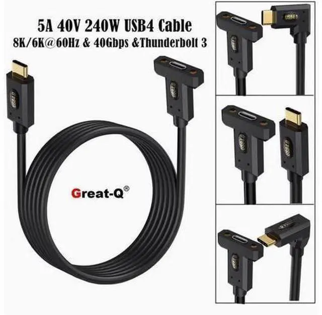 Alt view image 2 of 2 - USB4 :TYPE-C male side bend turn Type-C female ear screws fixed panel extension cable 8K60HZ Lightning Multi-function 240W 2m