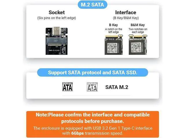 Alt view image 2 of 7 - M.2 NVME SATA SSD Enclosure, USB C 3.2 Gen 2 10Gbps or 6Gbps SATA M-Key(B+M Key) SSD Reader Dual Protocol Hard Disk Case SATA