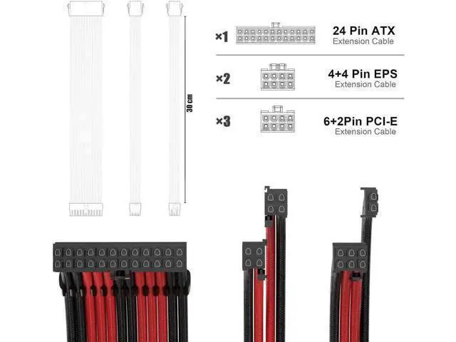 Alt view image 2 of 4 - PSU Cable Extension Kit 30CM Length with Combs,1x24Pin/2x8Pin(4+4) EPS/3x8Pin(6P+2P) PCI-E/PC Sleeved for ATX Power Supply,( Black & Red)