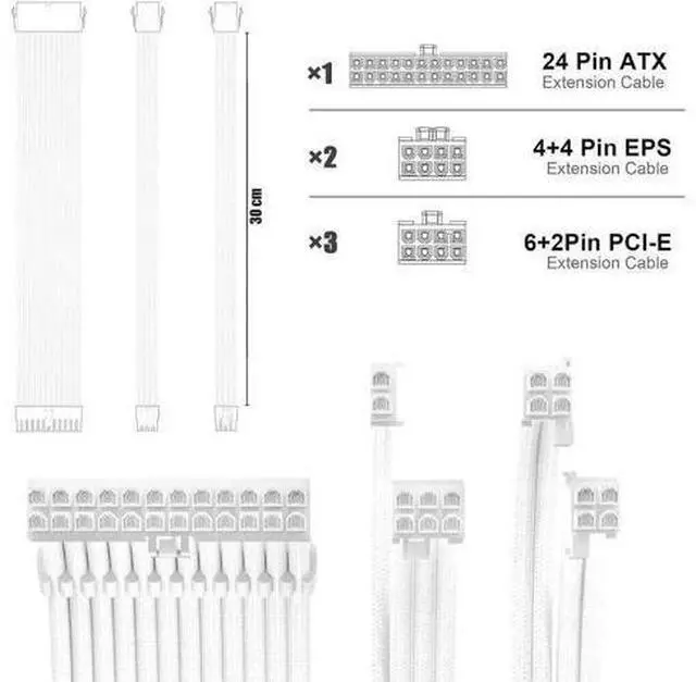Alt view image 3 of 5 - PSU Cable Extension Kit 30CM Length with Combs,1x24Pin/2x8Pin(4+4) EPS/3x8Pin(6P+2P) PCI-E/PC Sleeved for ATX Power Supply,White, All-White