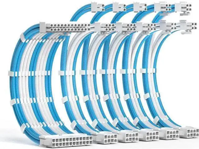 Main image of PSU Cable Extension Kit 30CM Length with Combs,1x24Pin/2x8Pin(4+4) EPS/3x8Pin(6P+2P) PCI-E/PC Sleeved for ATX Power Supply,White, All-White White & Blue