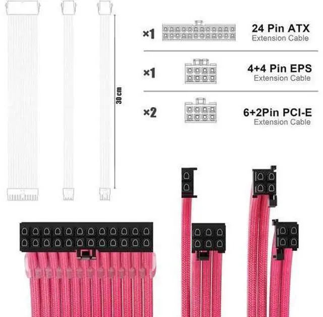 Alt view image 3 of 4 - PSU Cable Extension Kit 30CM Length with Cable Combs 1x24Pin/1x8Pin(4+4) EPS/2x8Pin(6P+2P) PCI-E/PC Sleeved Cable for ATX Power Supply (Pink)