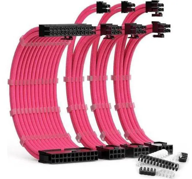 Main image of PSU Cable Extension Kit 30CM Length with Cable Combs 1x24Pin/1x8Pin(4+4) EPS/2x8Pin(6P+2P) PCI-E/PC Sleeved Cable for ATX Power Supply (Pink)