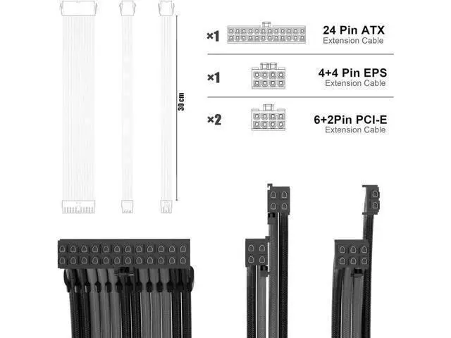 Alt view image 2 of 4 - PSU Cable Extension Kit 30CM Length with Cable Combs 1x24Pin/1x8Pin(4+4) EPS/2x8Pin(6P+2P) PCI-E/PC Sleeved Cable for ATX Power Supply(Black & Grey)