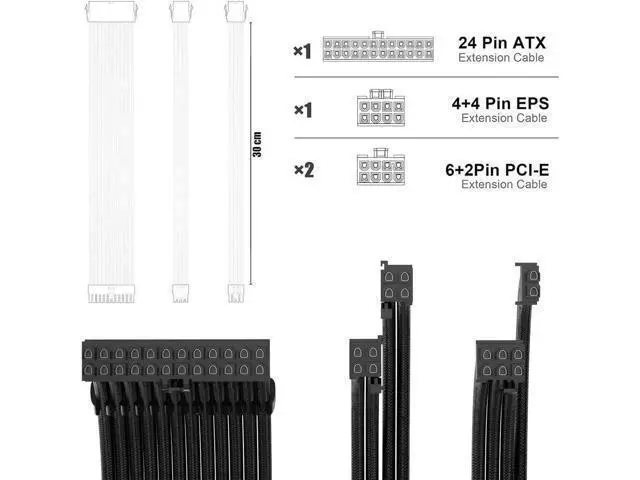 Alt view image 2 of 4 - PSU Cable Extension Kit 30CM Length with Cable Combs 1x24Pin/1x8Pin(4+4) EPS/2x8Pin(6P+2P) PCI-E/PC Sleeved Cable for ATX Power Supply(Black)