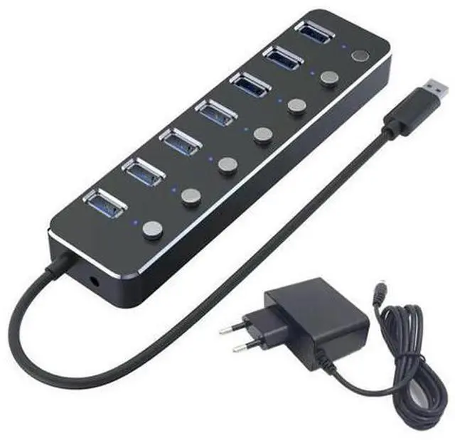 Main image of USB 3.0 Power Adapter 7 Ports Aluminum Alloy Splitter Hub USB Hub 3.0 USB Multi Extender Switch 1.2M Cable Hub EU Plug B-AB01