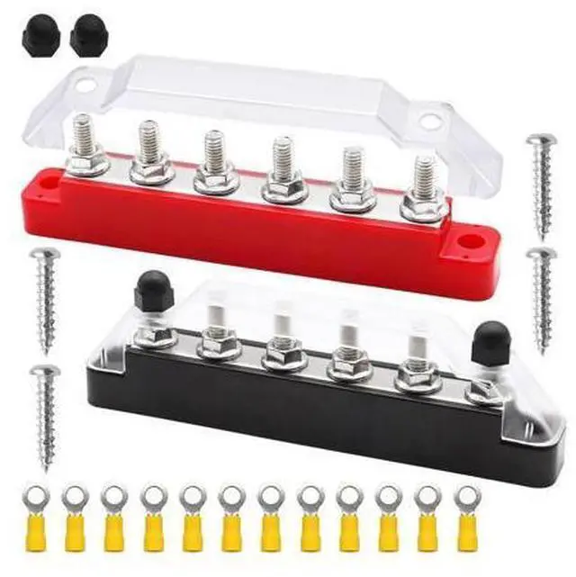 Main image of Bus Bar 6 X 1/4Inch (M6) Terminal Studs 12V Power Distribution Block with Cover and Ring Terminals, Max 300V AC-AB01