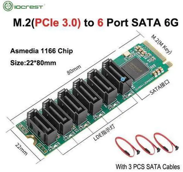 Main image of IOCREST M.2 (PCIe 3.0) to 6 Ports SATA III 6G SSD Adapter with 3 SATAIII Cable PCIe Gen3x2 Non-RAID Asmedia 1166 Chip